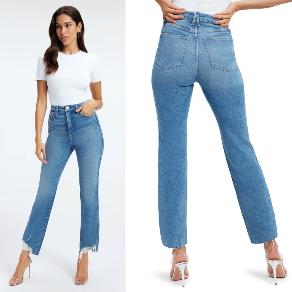 Good American • Good Curve Straight Jeans frayed hem high rise ankle Blue313